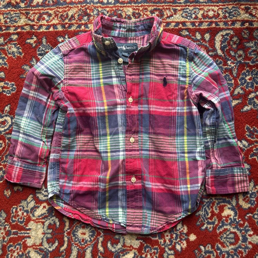 RALPH LAUREN Boys 2/2T Multicolor Plaid Cotton L/S Button-Up SHIRT Preppy EUC